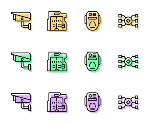 Set line Artificial intelligence robot, Security camera, Futuristic sliding Stock Illustration