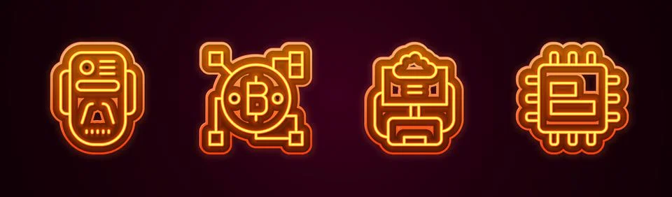 Set line Artificial intelligence robot, Blockchain technology Bitcoin, Cloud Stock Illustration