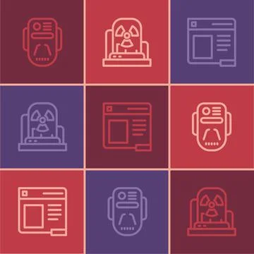 Set line Artificial intelligence robot, Browser window and Radioactive warning Illustrazione stock