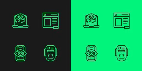 Set line Artificial intelligence robot, Computer vision, and Browser window icon Stock Illustration