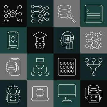 Set line Artificial intelligence robot, Funnel or filter, Neural network, Server Stock Illustration