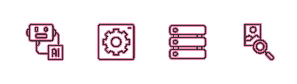 Set line Artificial intelligence robot, Server, Data, Computer api interface and Illustrazione stock