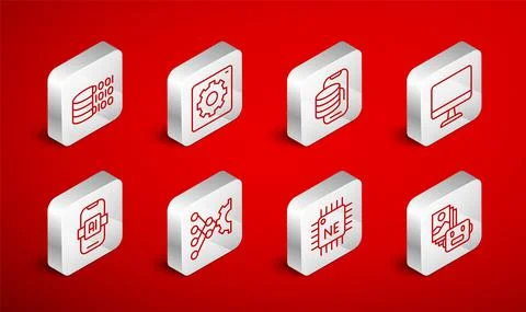 Set line Artificial intelligence robot, Computer api interface, Cloud technology Stock Illustration