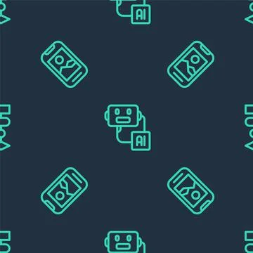 Set line Artificial intelligence robot, Mobile phone and Algorithm on seamless Illustrazione stock