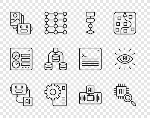 Set line Artificial intelligence robot, Processor CPU, Algorithm, Neural network Stockillustratie