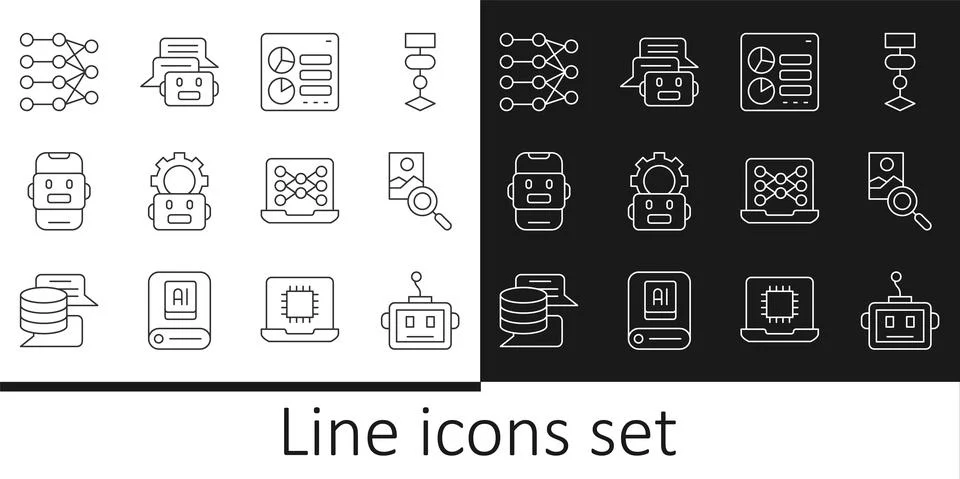 Set line Artificial intelligence robot, Photo retouching, Computer api interface Stock Illustration