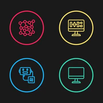 Set line Artificial intelligence robot, Computer monitor, Algorithm and Neural Stock Illustration