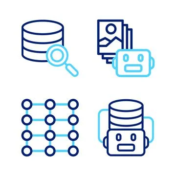 Set line Artificial intelligence robot, Neural network, and Server icon. Vector Illustrazione stock