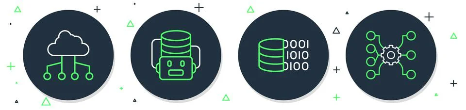 Set line Artificial intelligence robot, Binary code, Network cloud connection Stock Illustration