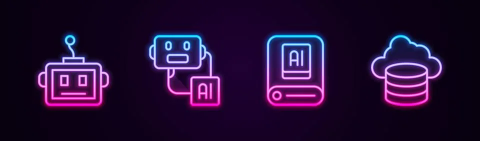 Set line Artificial intelligence robot, AI and Cloud database. Glowing neon icon Stock Illustration