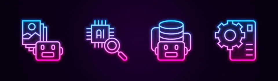 Set line Artificial intelligence robot, Processor CPU, and Neural network Illustrazione stock