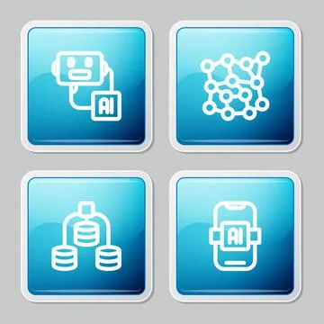 Set line Artificial intelligence robot, Neural network, Server, Data and AI i Stock Illustration