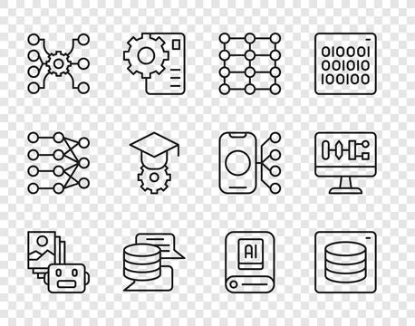 Set line Artificial intelligence robot, Server, Data, Neural network, Graduat Stockillustratie