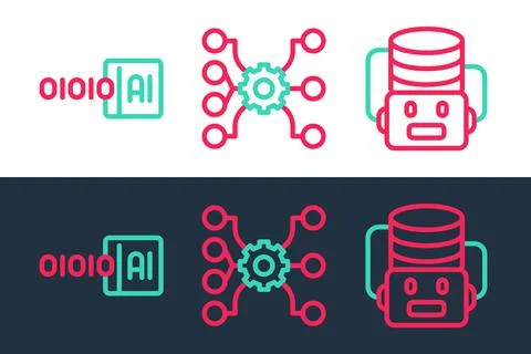 Set line Artificial intelligence robot, Binary code and Neural network icon.  스톡 일러스트