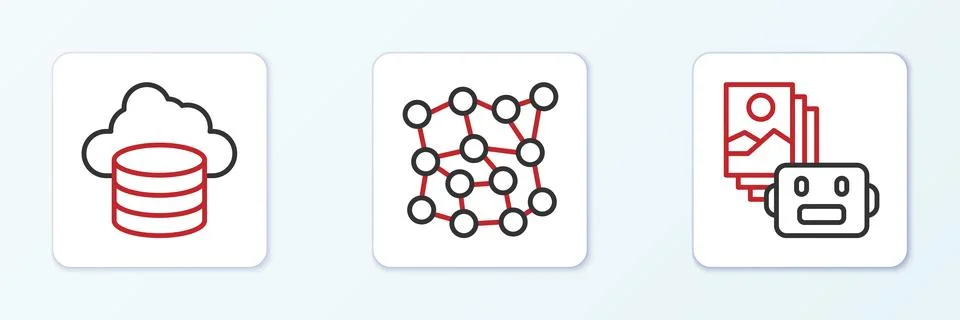 Set line Artificial intelligence robot, Cloud database and Neural network icon Stock Illustration
