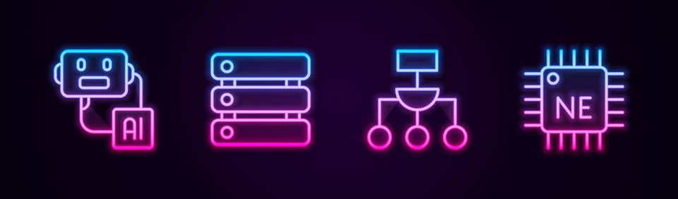 Set line Artificial intelligence robot, Server, Data, Algorithm and Processor 库存插图