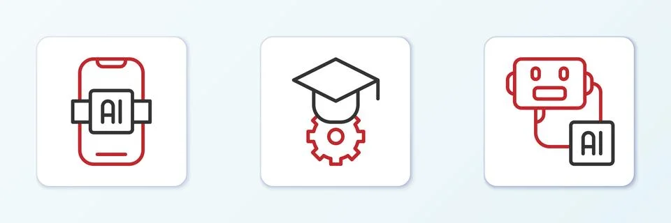 Set line Artificial intelligence robot, AI and Graduation cap icon. Vector Stock Illustration
