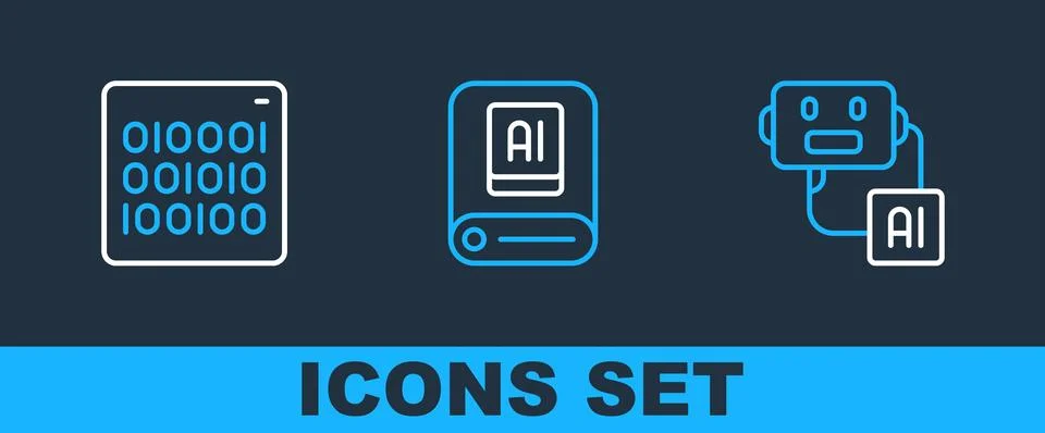 Set line Artificial intelligence robot, Binary code and AI icon. Vector Stock Illustration