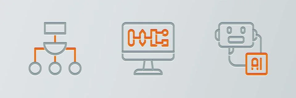 Set line Artificial intelligence robot, Algorithm and icon. Vector 스톡 일러스트