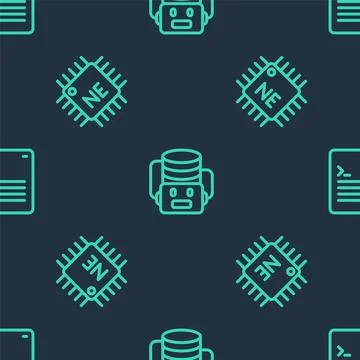 Set line Artificial intelligence robot, Processor CPU and Web developer Stock Illustration