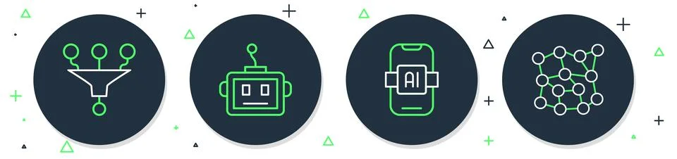 Set line Artificial intelligence robot, AI, Funnel or filter and Neural network Stock Illustration