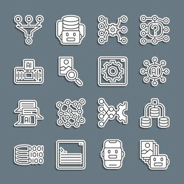 Set line Artificial intelligence robot, Server, Data, Neural network, Photo Stockillustratie