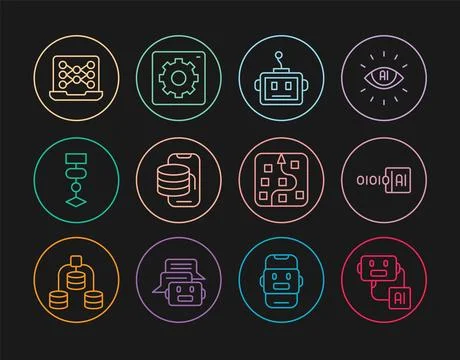 Set line Artificial intelligence robot, Binary code, Cloud technology data Stock Illustration