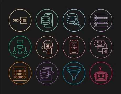 Set line Artificial intelligence robot, Server, Humanoid, Algorithm, Binary code Stock Illustration