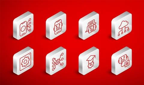 Set line Artificial intelligence robot, Chat, Network cloud connection Illustrazione stock