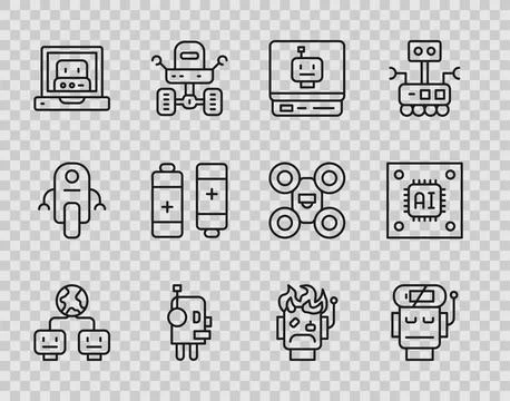 Set line Artificial intelligence, Robot low battery charge, Creating robot,.. Stock Illustration