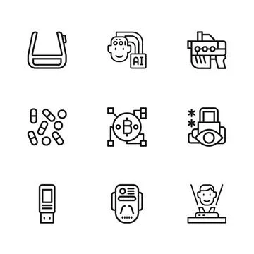 Set line Artificial intelligence robot, Cyber security, Hologram, Blockchai.. Stock Illustration