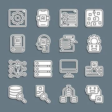 Set line Artificial intelligence robot, AI, Robot setting, Computer api int.. Stock Illustration