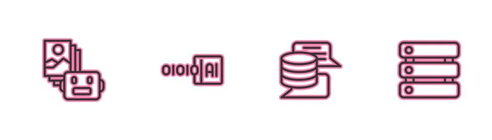 Set line Artificial intelligence robot, Server, Data, Binary code and  icon.. Stock Illustration