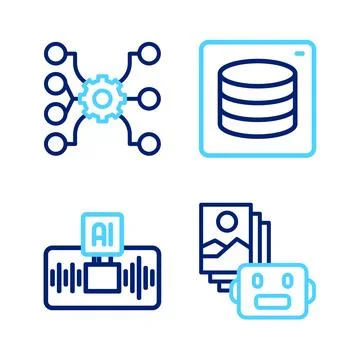 Set line Artificial intelligence robot, AI, Server, Data and Neural network.. Stock Illustration