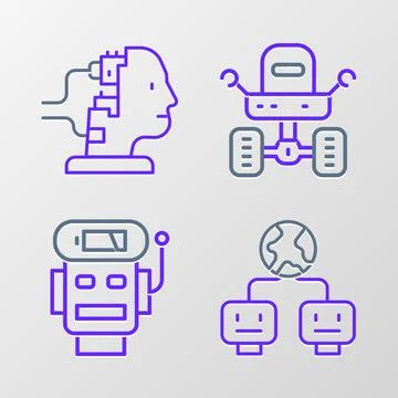 Set line Artificial intelligence, Robot low battery charge, Mars rover and .. Stock Illustration