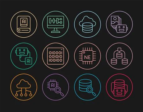 Set line Artificial intelligence robot, Server, Data, Cloud database, Binar.. Stock Illustration