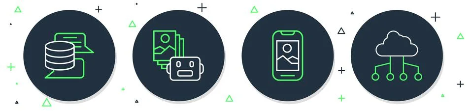 Set line Artificial intelligence robot, Mobile phone, Server, Data and Netw.. Stock Illustration