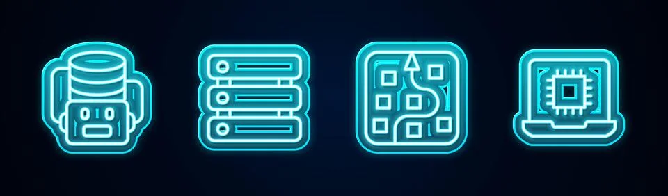 Set line Artificial intelligence robot, Server, Data, Neural network and Pr.. Stock Illustration