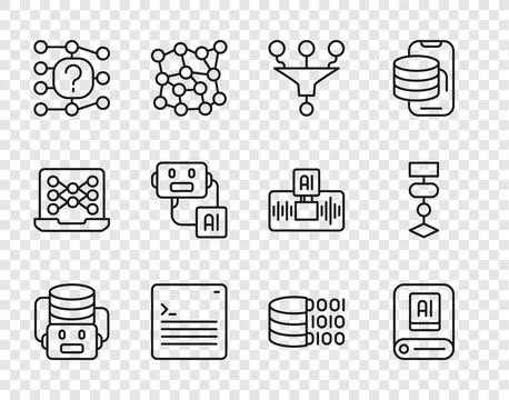 Set line Artificial intelligence robot, AI, Funnel or filter, Web developer.. イラスト素材