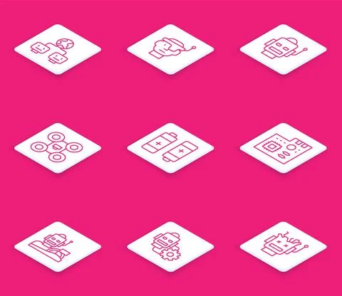 Set line Artificial intelligence, Smart glasses, Robot, Drone, Battery Illustrazione stock