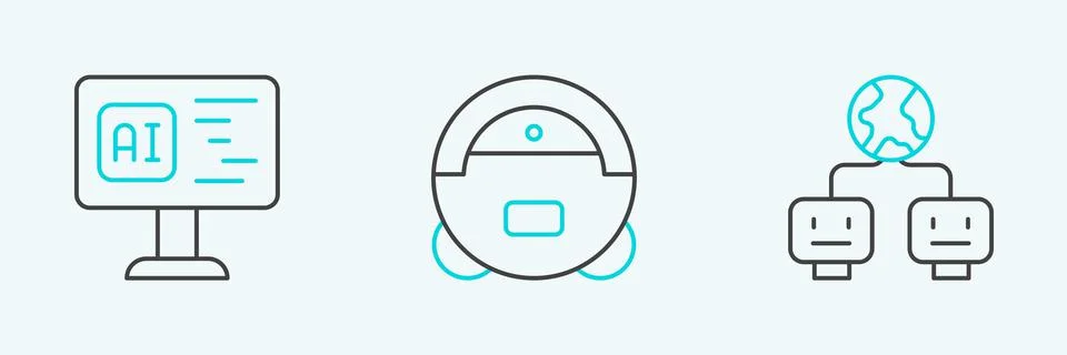 Set line Artificial intelligence, Software and Robot vacuum cleaner icon. Vec Stockillustratie