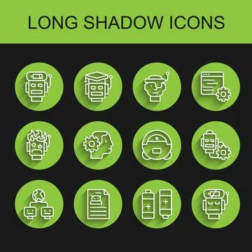 Set line Artificial intelligence, Technical specification, Robot low battery Stock Illustration