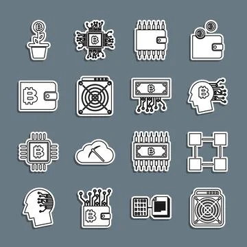Set line ASIC Miner, Blockchain technology, Bitcoin think, Cryptocurrency wallet 스톡 일러스트