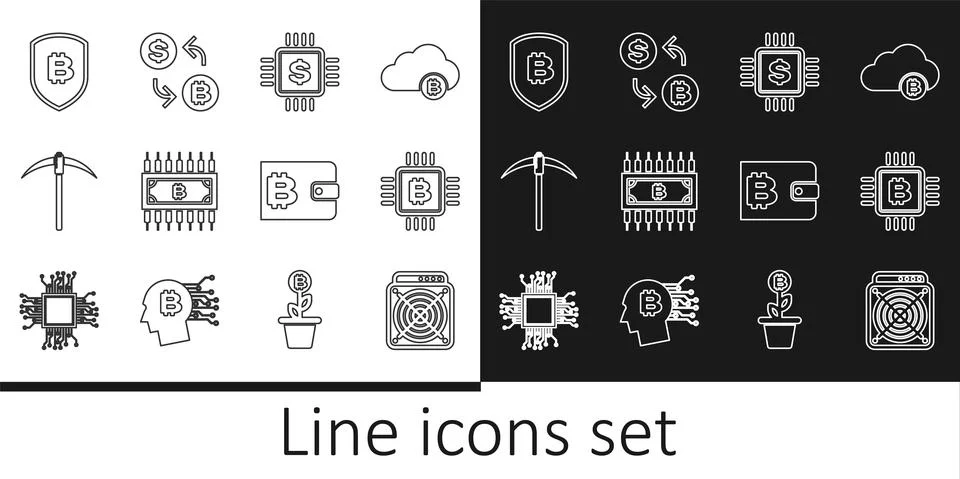 Set line ASIC Miner, CPU mining farm, Processor chip with dollar, Cryptocurrency Illustrazione stock