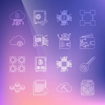 Set line ASIC Miner, Cryptocurrency key, wallet, Processor chip with dollar 库存插图