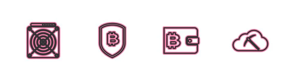 Set line ASIC Miner, Cryptocurrency wallet, Shield with bitcoin and cloud min Stock Illustration