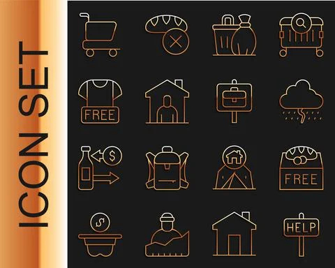 Set line Ask for help text, Donation food, Cloud with rain, Trash can, Shelter Stock Illustration