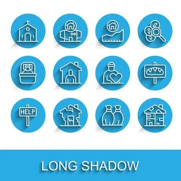 Set line Ask for help text Ruined house Church building Garbage bag Homeless  Ilustración de archivo