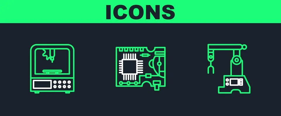Set line Assembly line, 3D printer and Printed circuit board PCB icon. Vector Stock Illustration