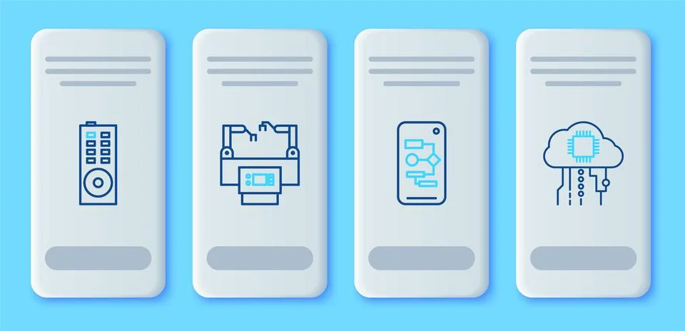 Set line Assembly line, Algorithm, Remote control and Internet of things icon Stock Illustration